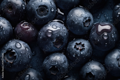 Fresh blueberries with water drops on a black background, Generative AI