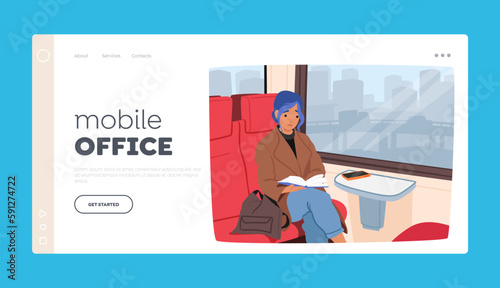 Mobile Office Landing Page Template. Young Woman, Engrossed In A Book, Sitting In A Train Carriage, Cartoon Illustration