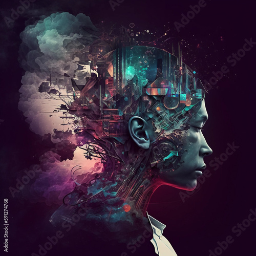 futuristic digital art sci fi art design, in the style of psychological portraits, mind-bending compositions, uhd image, dark, foreboding colors, neurocore, fragmented icons, colorful dreams