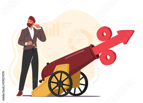 Businessman Character Shooting Cannon With Percent Sign Symbolizes An Interest Rate Hike Cartoon Vector Illustration