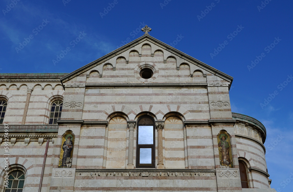 Side facade of church of Our Lady of the Sea in the Croatian city of Pula on the Istrian peninsula