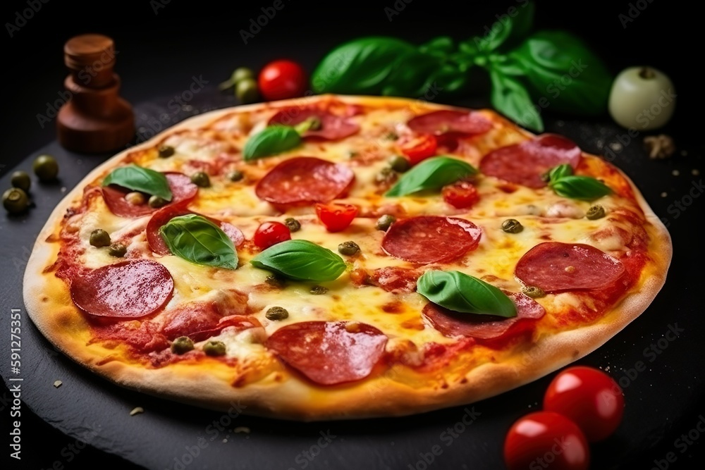Geschnittene Peperoni-Pizza mit Mozzarella-Käse, Salami, Tomaten, Paprika, Gewürzen und frischem Basilikum. Italienische Pizza