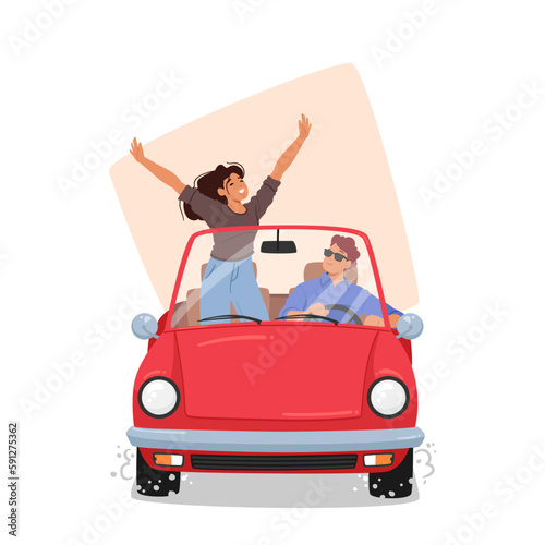 Excited Woman And Her Partner Characters Traveling By Car On A Scenic Route Promoting Travel, Adventure Or Road Trip