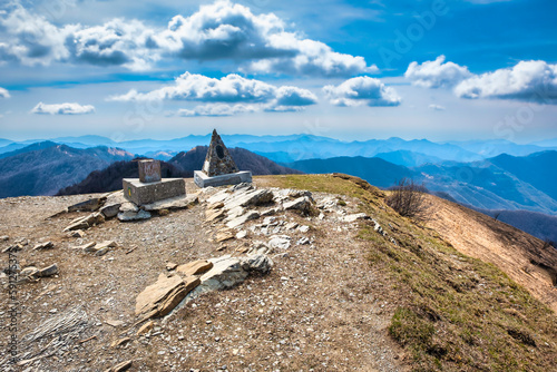 Commemorative monument on the top of Monte Antola, dedicated to the fallen of WW II; it is a small peak on the border between Piedmont and Liguria (Northern Italy).
