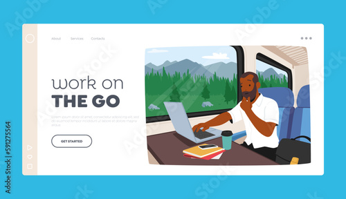 Work on the Go Landing Page Template. Man Using A Laptop While On A Train Commute. . Remote Work Productivity