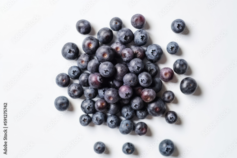 Blueberry, Top down view of blueberries on a white background, generative ai, Fresh tasty fruit