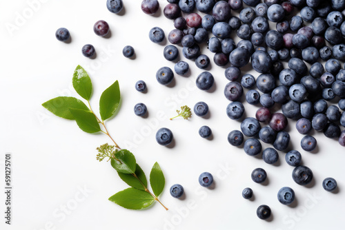 Blueberry, Top down view of blueberries on a white background, generative ai, Fresh tasty fruit