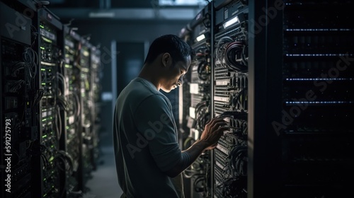 Digital Devotion: IT staff praying to the supercomputer data center, generative AI