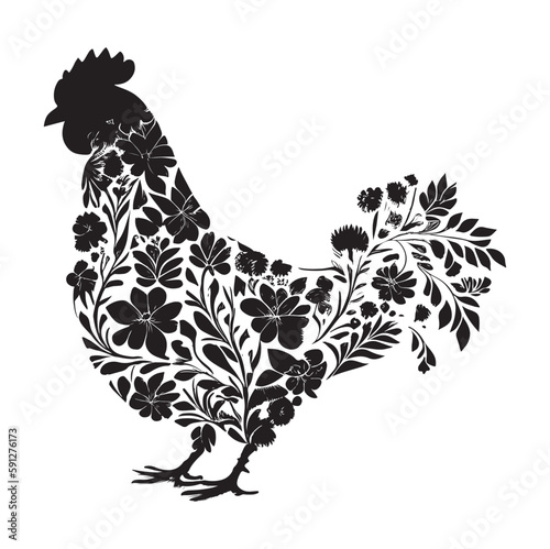Hen chicken flower pattern Isolated black silhouette hen white background Vector Illustration