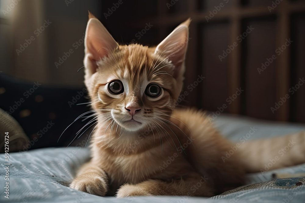 Red kitten sitting on bed at home, created with Generative AI