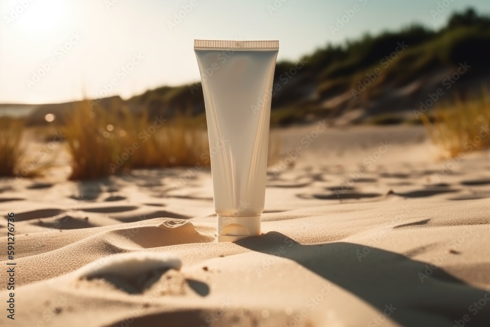 White tube with sunscreen on beach in sand with shells and sea background. Skin care concept at summer vacation, created with Generative AI White tube with sunscreen on beach in sand with shells and sea background. Skin care concept at summer vacation, created with Generative AI