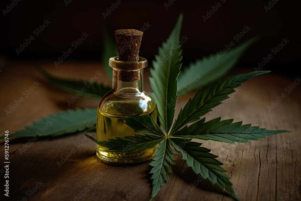 Cannabis leave and oil on wooden background. CBD oil hemp products, medical marijuana, created with Generative AI Cannabis leave and oil on wooden background. CBD oil hemp products, medical marijuana, created with Generative AI