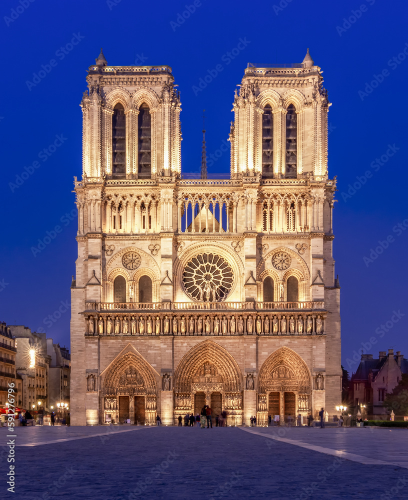Notre-Dame de Paris cathedral at night, France