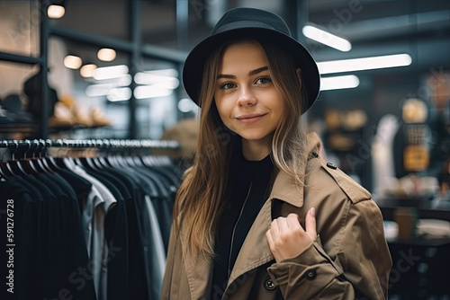 Portrait of happy woman customer chooses jacket in clothing store. Customer making choices in shop with clothes, created with Generative AI