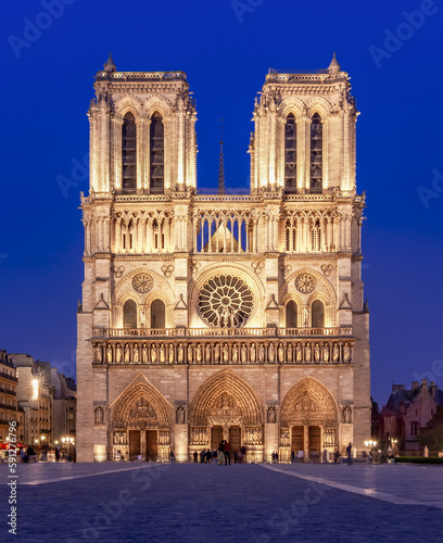 Notre-Dame de Paris cathedral at night, France
