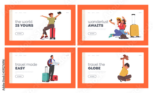 Trip around the World Landing Page Template Set. Travelers with Luggage and Various Travel Items. Image Promoting Travel