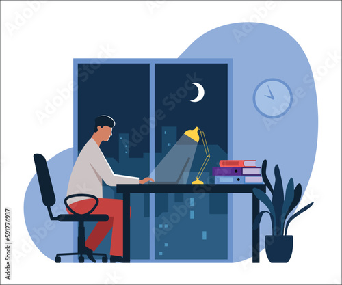 Vector illustration of a tired girl. Cartoon scene with a tired, exhausted girl sitting on a chair with a cup of hot drink and wanting to sleep isolated on a white background.