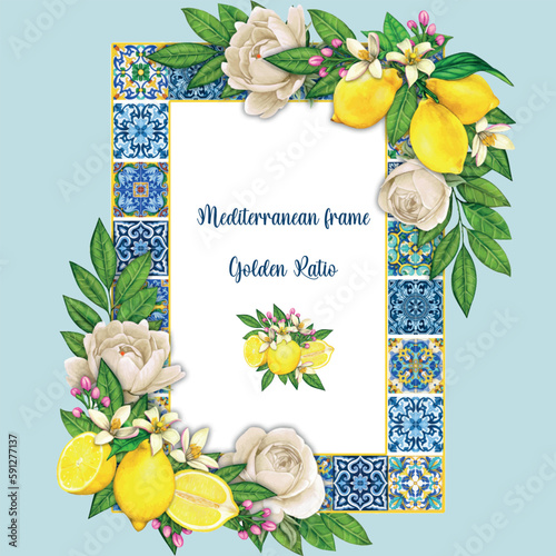 Watercolor mediterranean traditional tiles freame photo