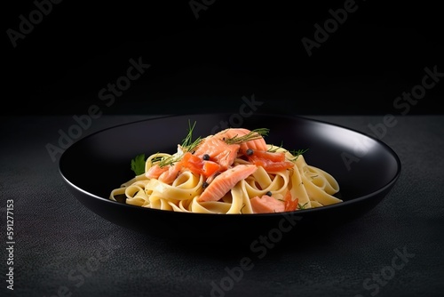 Köstliche Tagliatelle mit Lachs, serviert auf einem schwarzen Teller