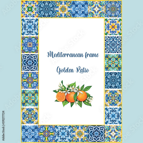 Watercolor mediterranean traditional tiles freame