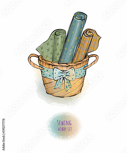 Vintage accessories, hobby furniture, sewing and clothing modeling.Basket with fabric, thread, scissors, moniken, boudoir table, delicate flowers and decor. Women's accessories.