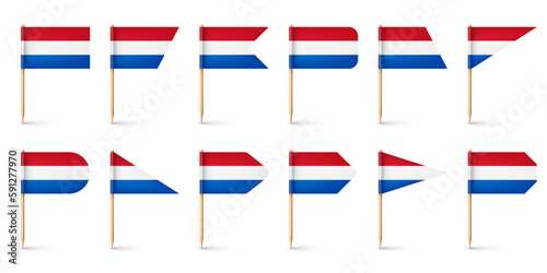 Realistic various Dutch toothpick flags. Souvenir from Netherlands. Wooden toothpicks with paper flag. Location mark, map pointer. Blank mockup for advertising and promotions. Vector illustration