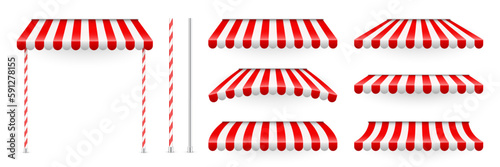Red shop sunshade with stand holders. Realistic striped cafe awning. Outdoor market tent. Roof canopy. Summer street store. Vector illustration