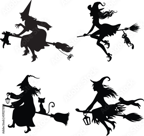 Set of 4 Witch and Cat on Broomstick Vector Silhouette Designs  Perfect for Halloween and Magic-Themed Projects