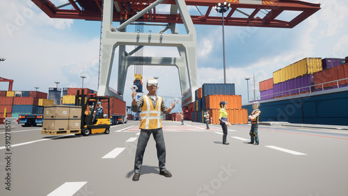 Photography Metaverse avatars of people training on logistics platform in virtual world, 3d