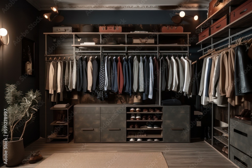 Dark men's dressing room interior with stylish clothes and accessories. Generative AI Dark men's dressing room interior with stylish clothes and accessories. Generative AI