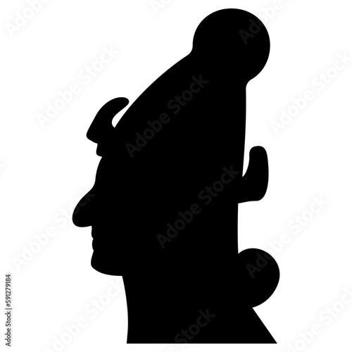 Head of ancient Mesopotamian man wearing hat. Ancient Syrian design from Karkemish. Male portrait in profile. Black silhouette on white background.