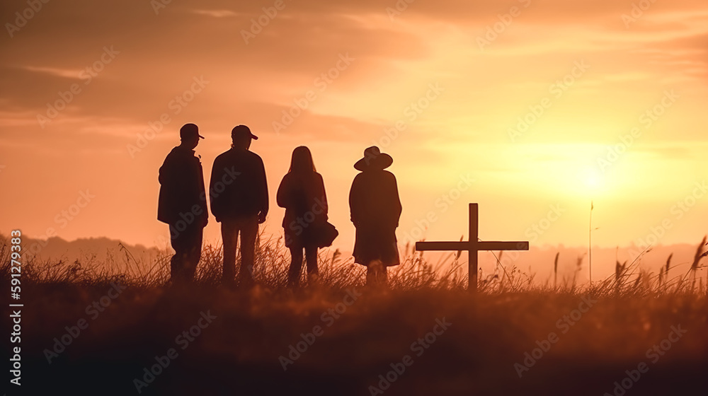 Silhouettes of people at the cross at sunset, generative AI.