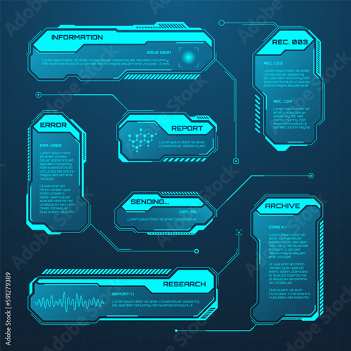 Blue futuristic HUD or UI elements. Sci-fi user interface text boxes, callouts. Warning message frames, information boxes template. Modern game interface layout in digital style. Vector illustration