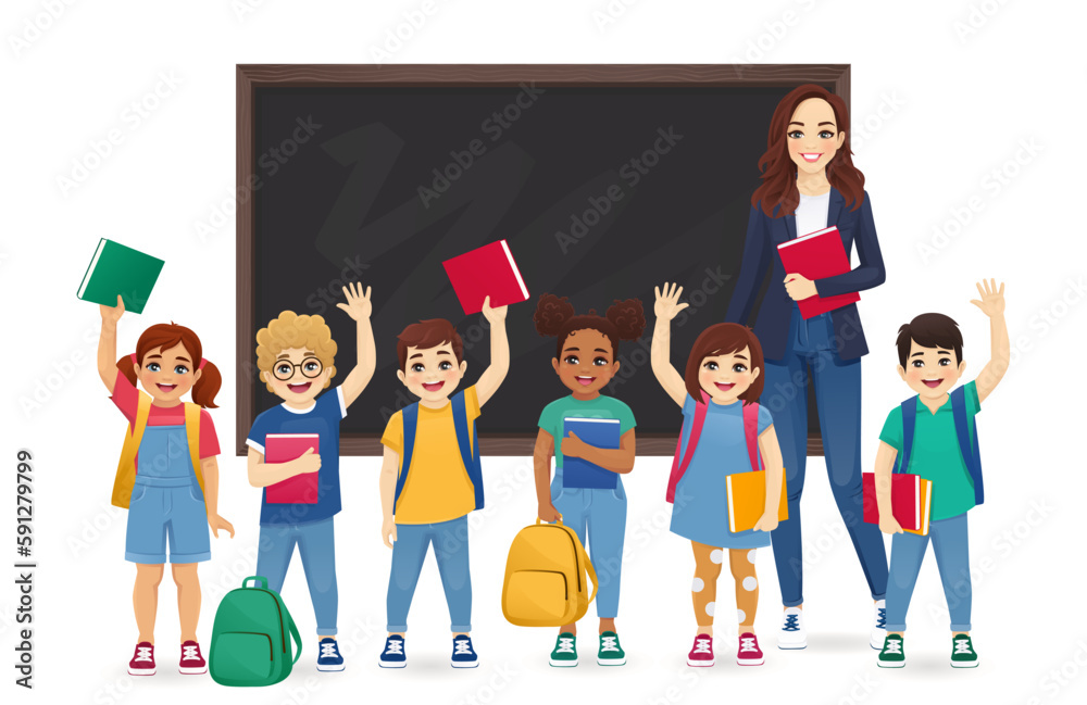 Cute school children kids with backpacks and books standing near female teacher in front of blackboard isolated vector illustration Cute school children kids with backpacks and books standing near female teacher in front of blackboard isolated vector illustration
