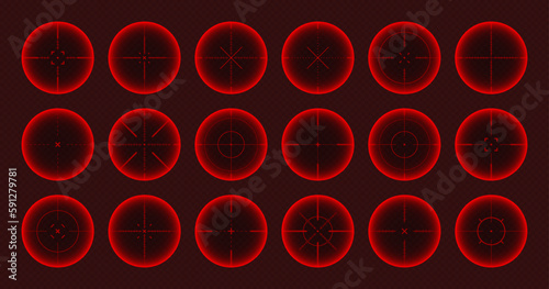 Various weapon thermal infrared sights, sniper rifle optical scopes. Hunting gun viewfinder with crosshair. Aim, shooting mark symbol. Military target sign. Game UI element. Vector illustration
