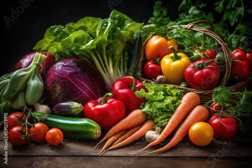 A vibrant, close-up image of freshly picked vegetables, such as tomatoes, carrots, or bell peppers, showcasing their rich colors, textures, and natural beauty. Generative Ai