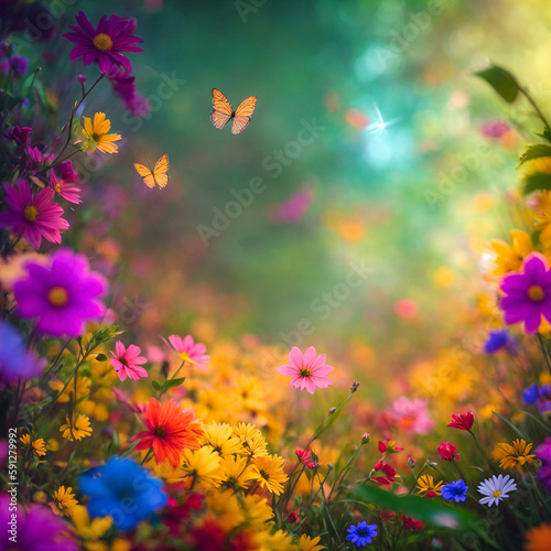 A dreamy garden filled with colorful flowers, butterflies, and fireflies. The atmosphere is whimsical and enchanting, with an air of wonder and imagination. 3D artwork adds to the magical feel. © Artem