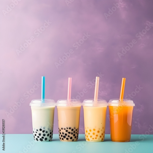 Set of tall drinking glasses with straws with Taiwanese bubble or boba tea from vegan milk and agava sypur with different flavors isolated on a trendy purple background. Generative AI