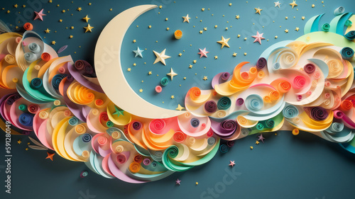 Creative and colourful paper art with moon, clouds,  and stars. Created with generative AI	