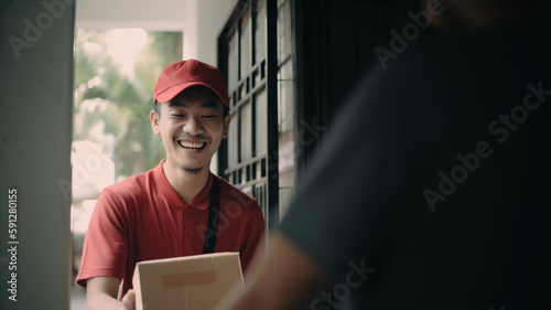 Delivery man with parcel at the door. Created with Generative AI.