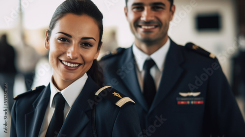 Pilots with smile at the airport. Created with Generative AI.
