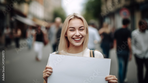 Young blonde girl in street holding a blank card. Created with Generative AI.