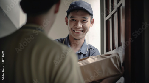 Delivery man with parcel at the door. Created with Generative AI.