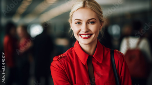 Blonde Young and Happy Woman in Red Uniform. Created with Generative AI.
