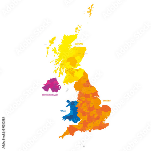 United Kingdom of Great Britain and Northern Ireland, UK. Metropolitan and non-metropolitan counties and unitary authorities of England, districts of Northern Ireland, council areas of Scotland