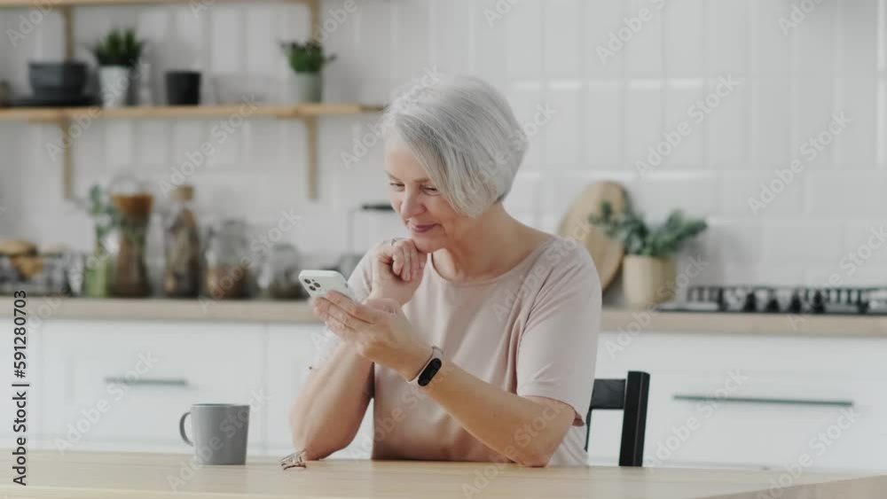 Happy smiling elderly woman using phone, looking at screen, sitting in living room, excited mature senior female chatting in social network or shopping online, having fun with smartphone Happy smiling elderly woman using phone, looking at screen, sitting in living room, excited mature senior female chatting in social network or shopping online, having fun with smartphone