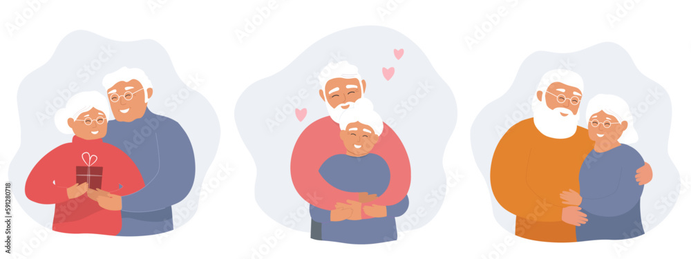 A set of an elderly couple in love hugs, together for a long time, gives gifts. Happy old age. Vector graphics. A set of an elderly couple in love hugs, together for a long time, gives gifts. Happy old age. Vector graphics.