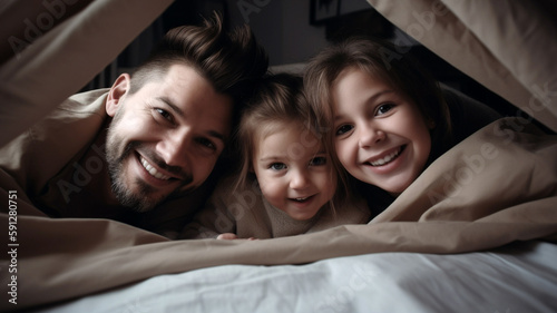 Happy family under blanket. Created with Generative AI.