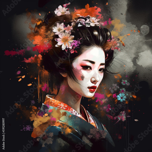 Illustration of a Japanese women in Traditional Clothing