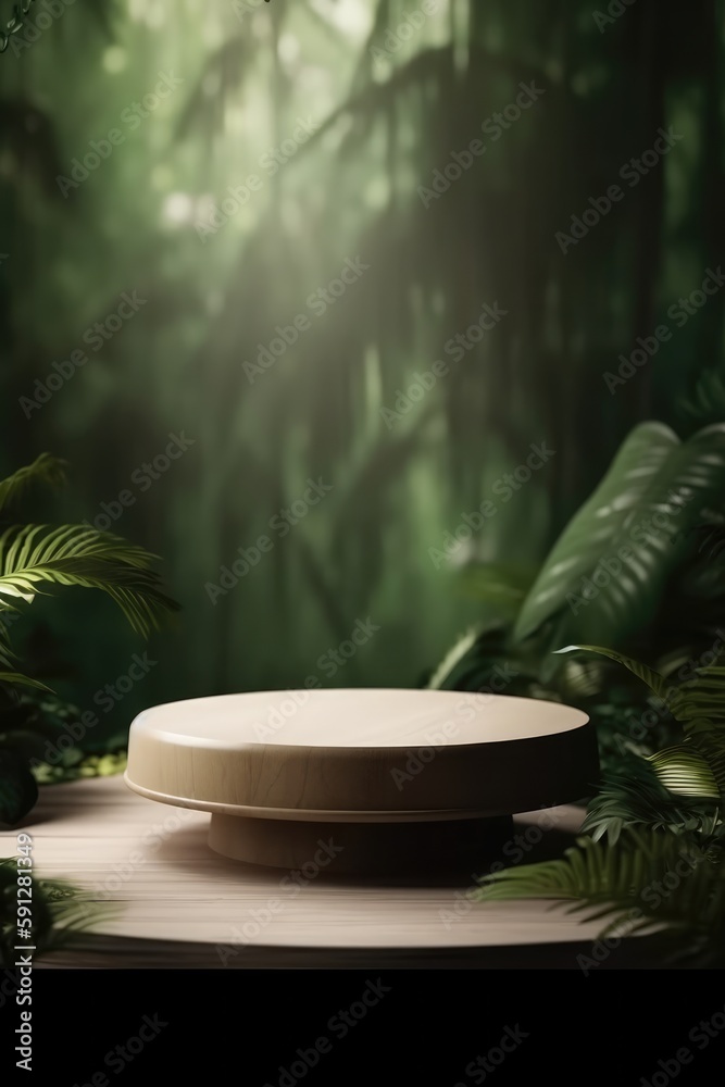 Wood podium with tropical background. generative AI